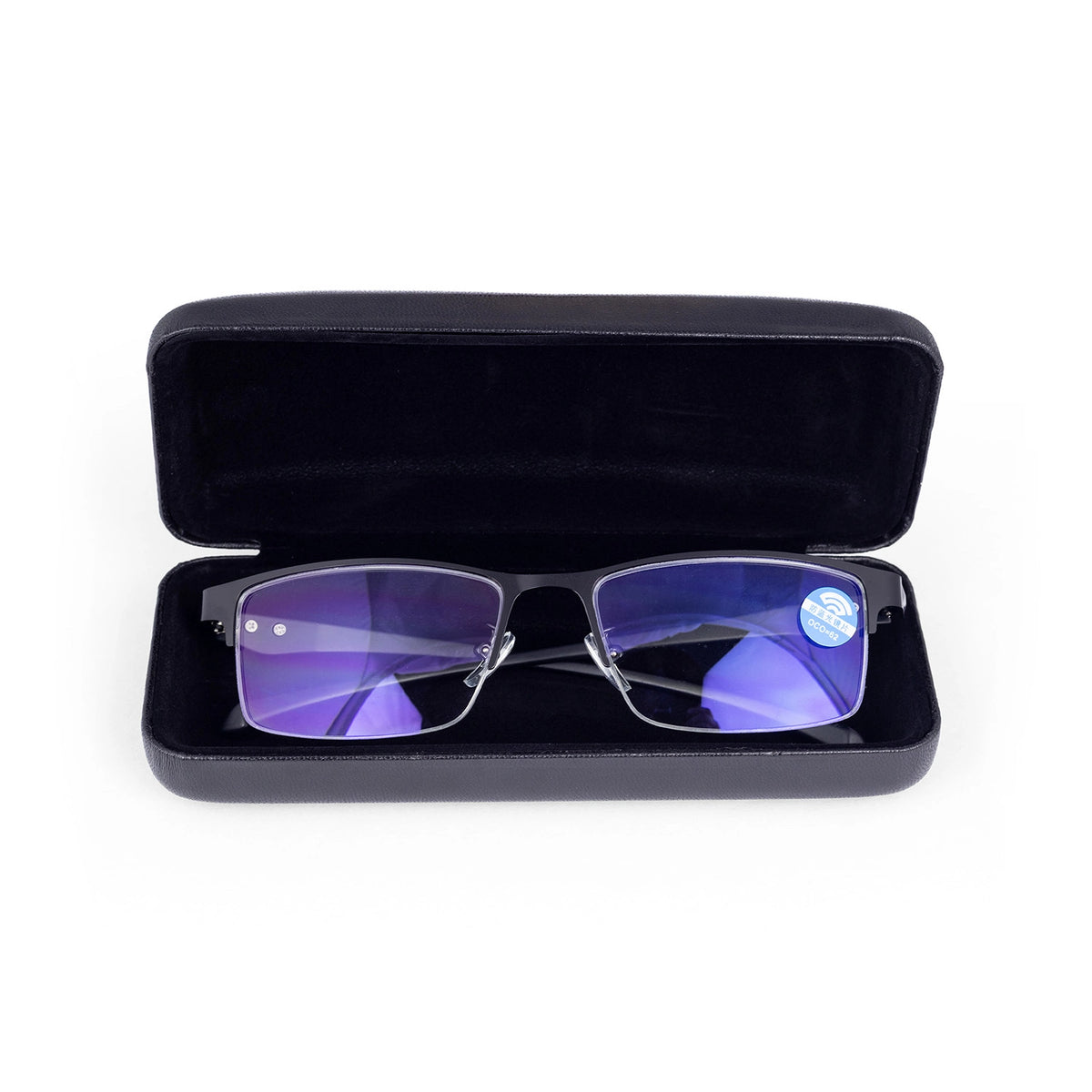Akari Aryaca - Okulary z filtrem światła niebieskiego do komputera, bez korekcji, unisex - czarna metalowa oprawka półramkowa z etui