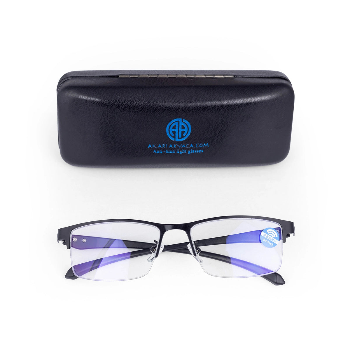 Akari Aryaca - Okulary z filtrem światła niebieskiego do komputera, bez korekcji, unisex - czarna metalowa oprawka półramkowa z etui