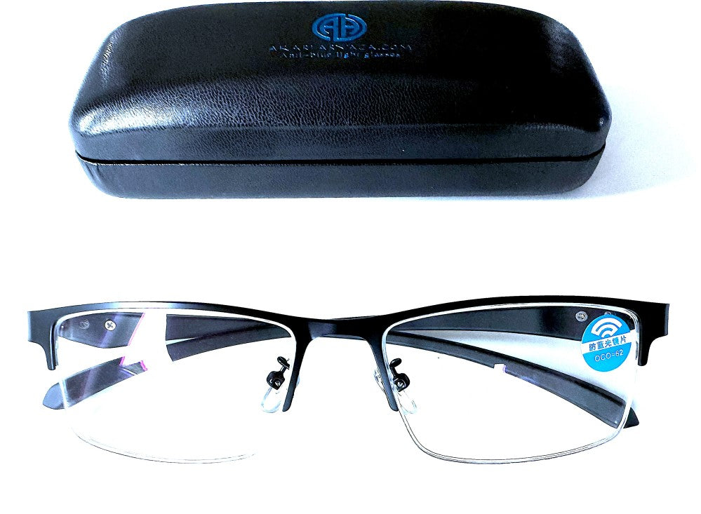 Akari Aryaca - Okulary z filtrem światła niebieskiego do komputera, bez korekcji, unisex - czarna metalowa oprawka półramkowa z etui